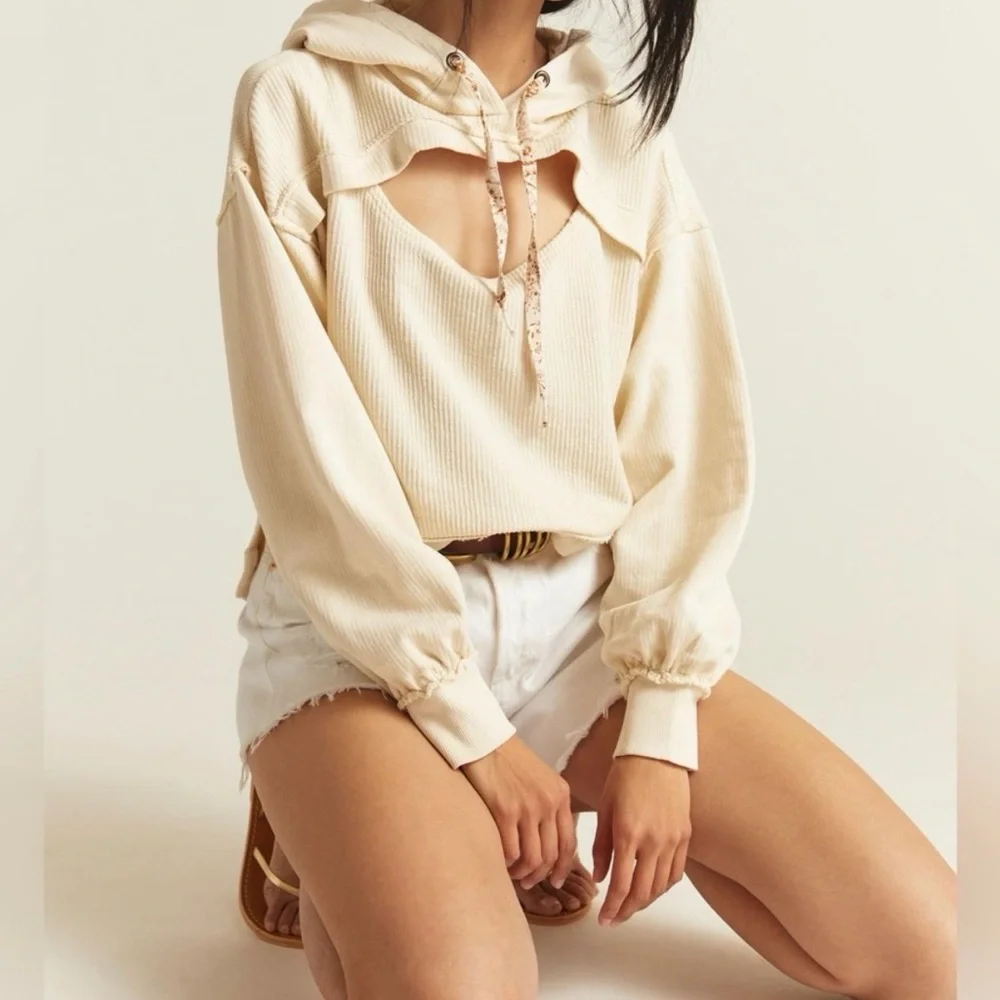Anthropologie Pilcro Ivory Ribbed Cut Out Hoodie Top size XS EUC - Picture 2 of 8